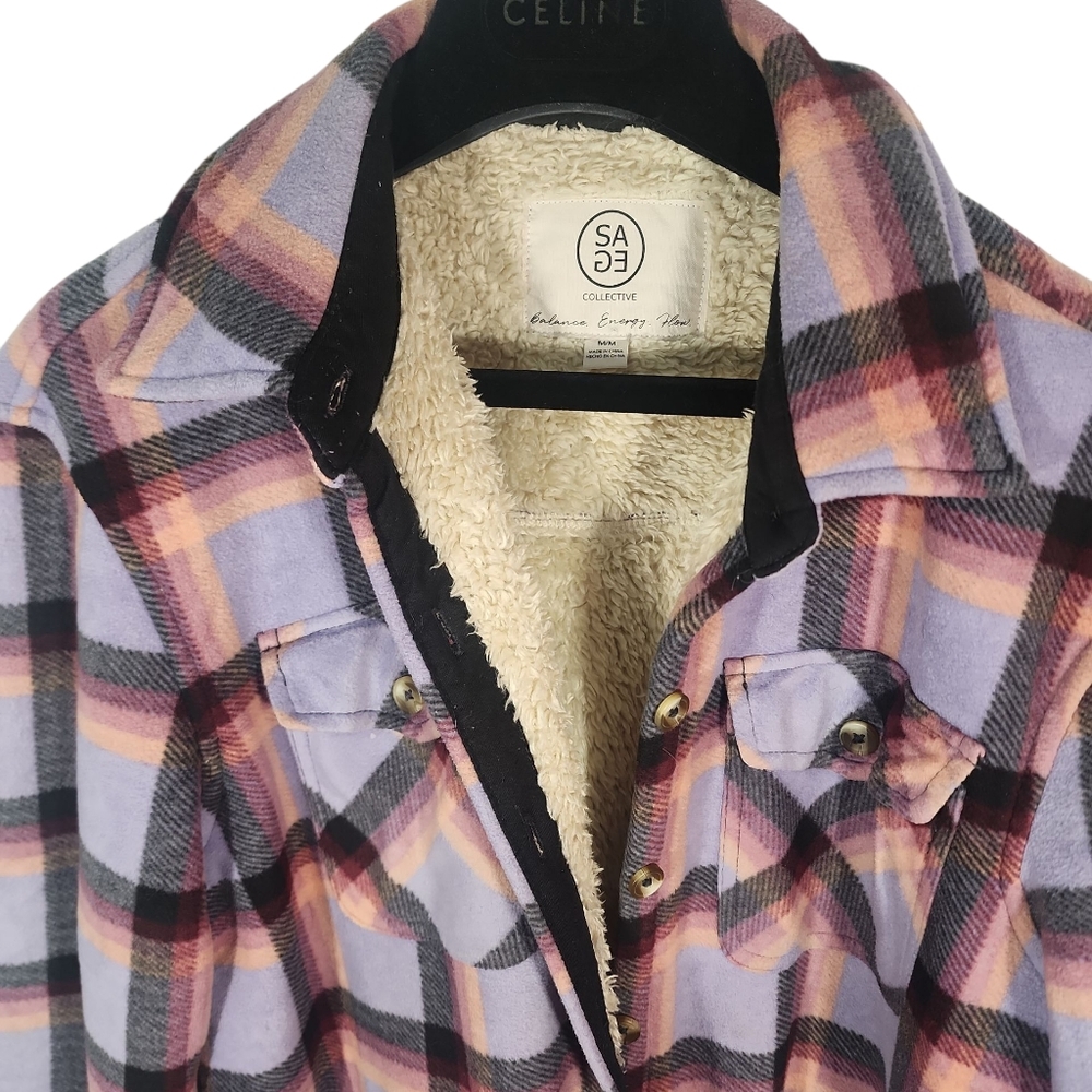 Sage Ladie's Plush Plaid Shirt Jacket In Purple. M - Picture 6 of 14